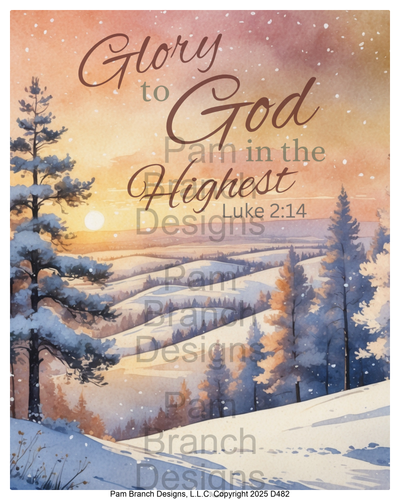 D482 — pastel winter vista, Bible verse Luke 2:14, Christmas craft supply