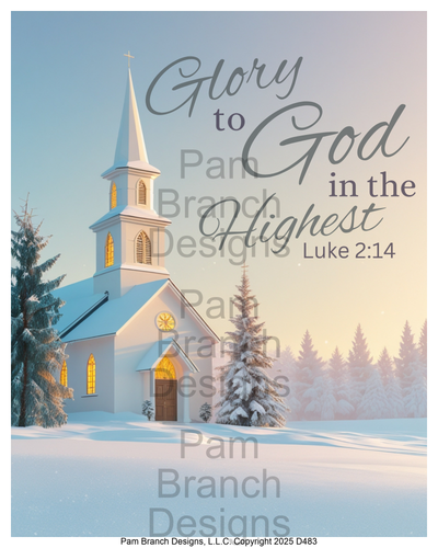 Rice paper for decoupage, white church in snow, Bible verse Luke 2:14, Christmas craft supply, D483