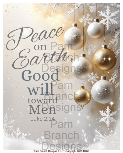 D485 — gold and silver ornaments, Bible verse Luke 2:14, Christmas craft supply