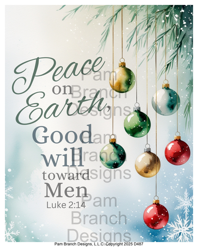 D487 — watercolor ornaments, Bible verse Luke 2:14, Christmas craft supply