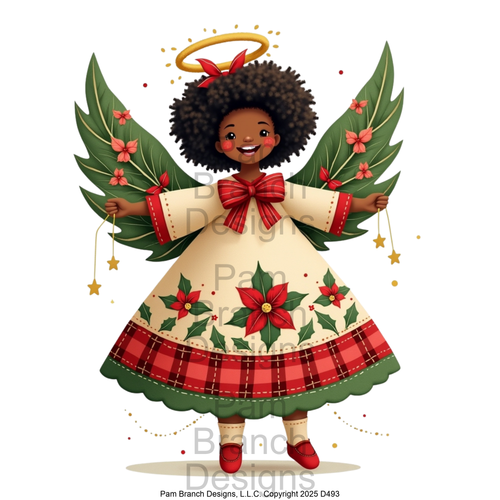 Rice paper for decoupage – African-American Christmas angel with green wings and plaid trim – supply for holiday DIY – D493