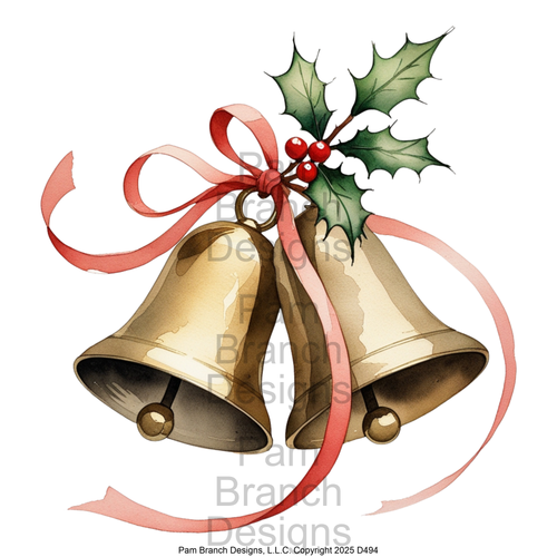 Rice paper for decoupage – Christmas bells with holly and red ribbon – supply for holiday DIY – D494