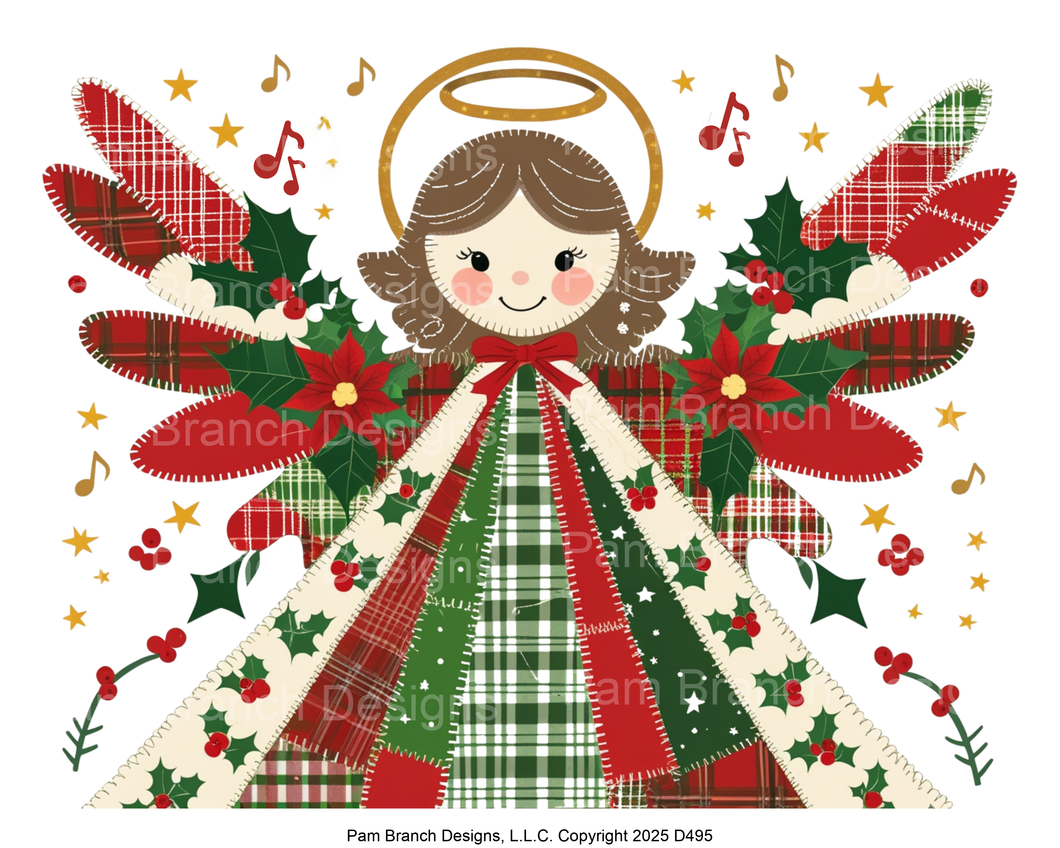 Decorative Christmas angel with plaid design and festive elements on a white background.