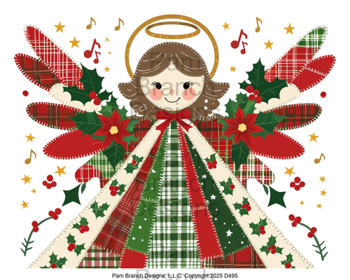 Rice paper for decoupage Christmas angel in plaid dress with poinsettias D495