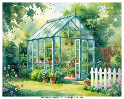 Rice paper for decoupage glass greenhouse with flowers and plants D496