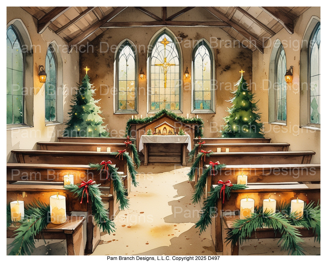 Rice paper for decoupage Christmas church decorated with candles and garland D497