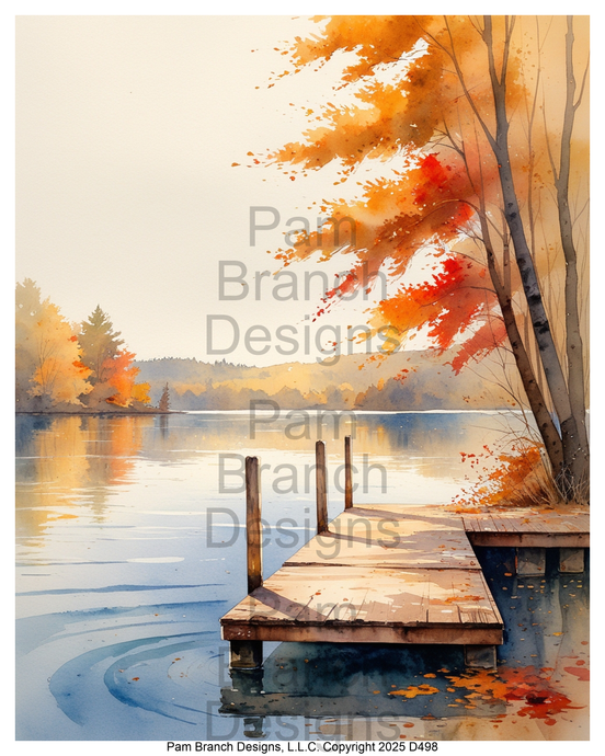 Rice paper for decoupage – autumn lake dock with colorful trees – D498