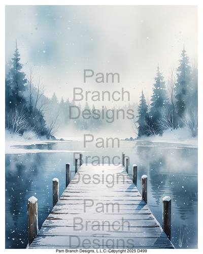 Rice paper for decoupage – snowy lake dock with winter forest – D499
