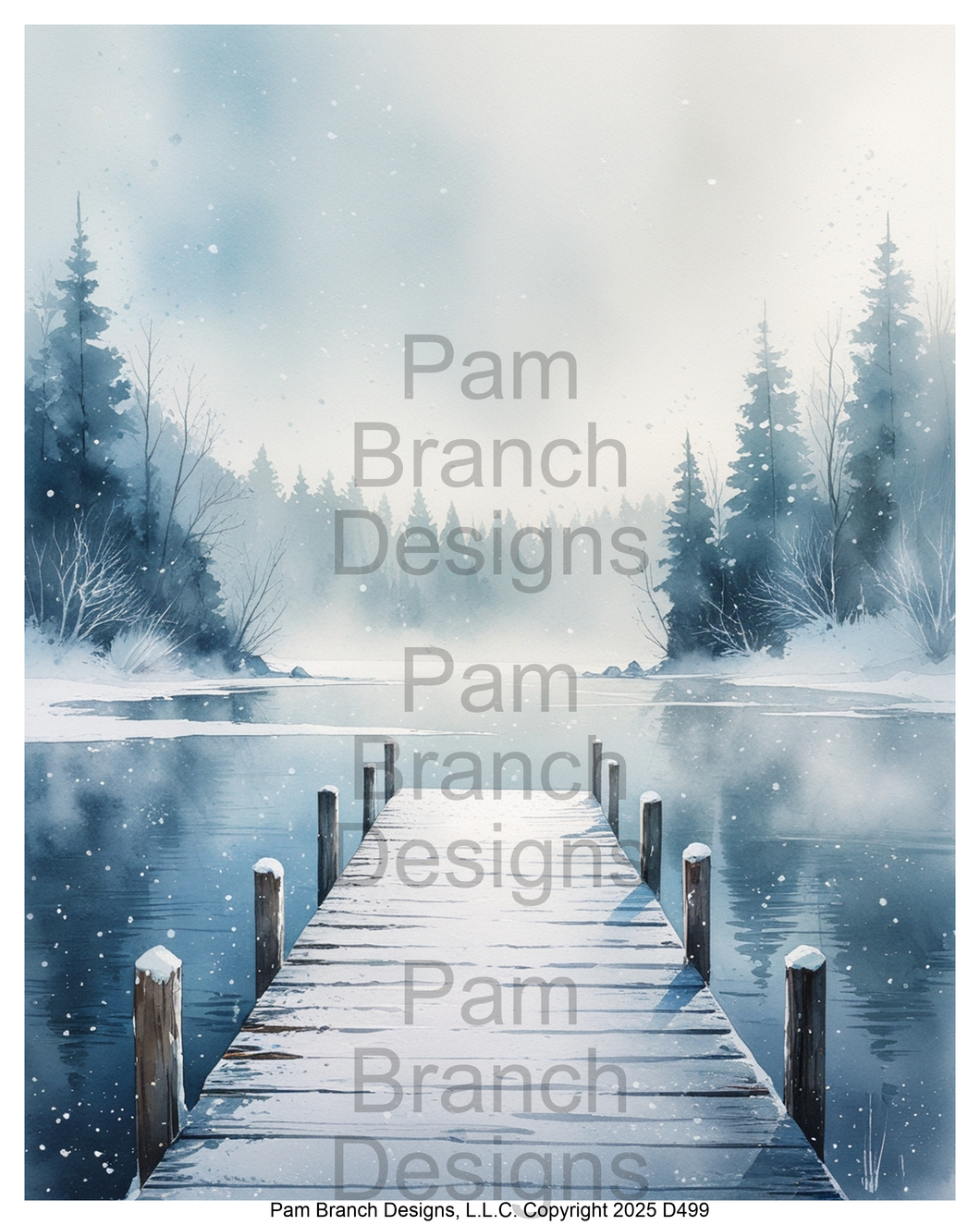 Rice paper for decoupage – snowy lake dock with winter forest – D499