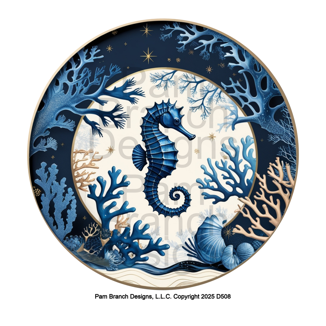 Holiday Blue Seahorse and Coral Design – Rice Paper for Ornament Decoupage – D508