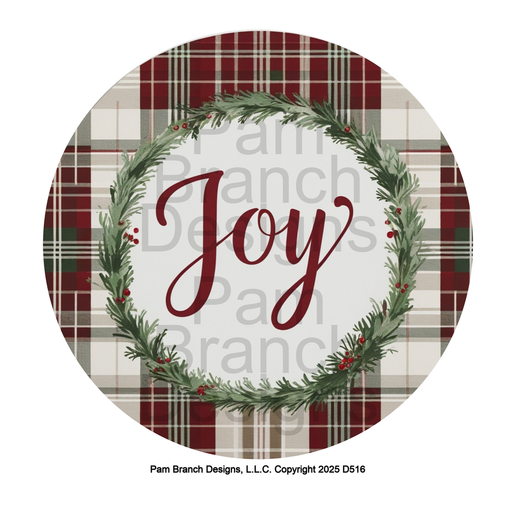 Red and Green Plaid ‘Joy’ Script with Greenery Wreath – Rice Paper for Ornament Decoupage – D516