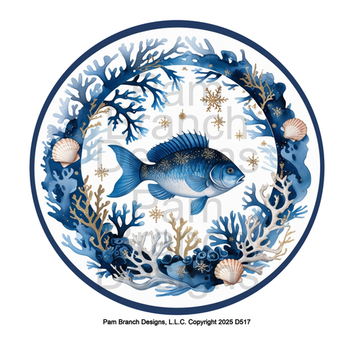 Blue Coastal Fish with Winter Coral, Seashells and Gold Accents – Rice Paper for Ornament Decoupage – D517