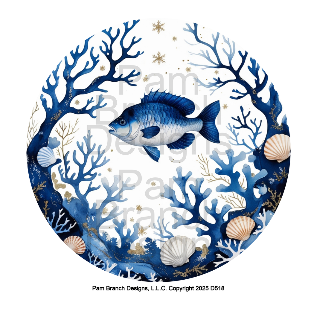 Winter Coastal Blue Fish with Coral, Shells and Snowflakes – Rice Paper for Ornament Decoupage – D518