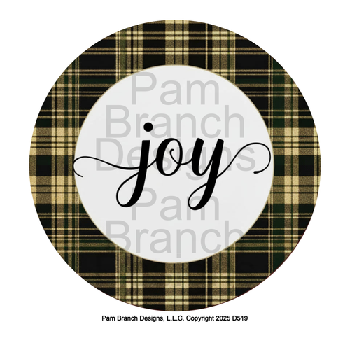Black Script ‘Joy’ Centered on Gold, Black and Olive Plaid – Rice Paper for Ornament Decoupage – D519
