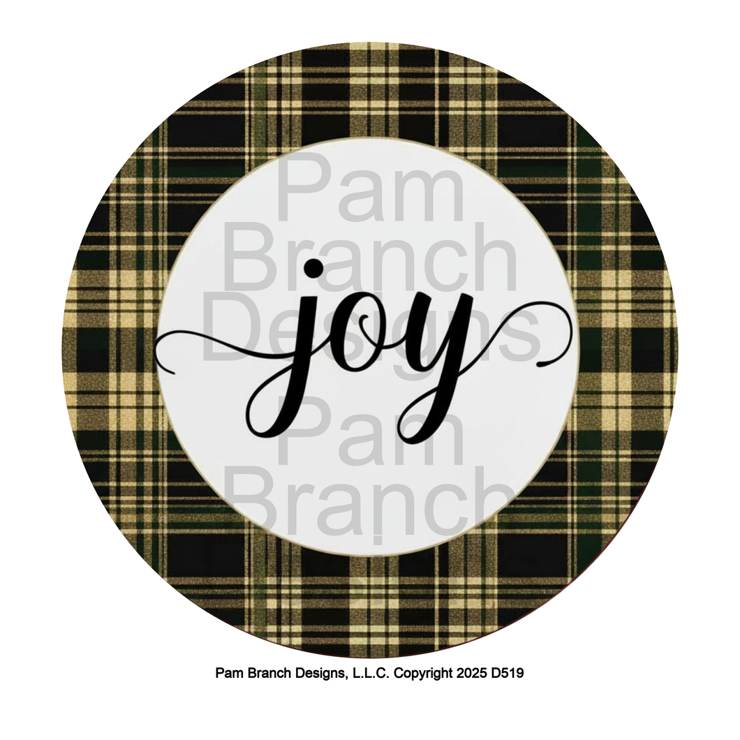 Black Script ‘Joy’ Centered on Gold, Black and Olive Plaid – Rice Paper for Ornament Decoupage – D519