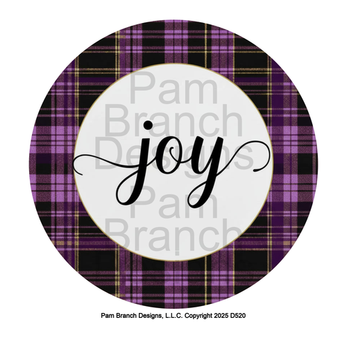 Black Script ‘Joy’ on Purple and Gold Tartan Plaid – Rice Paper for Ornament Decoupage – D520