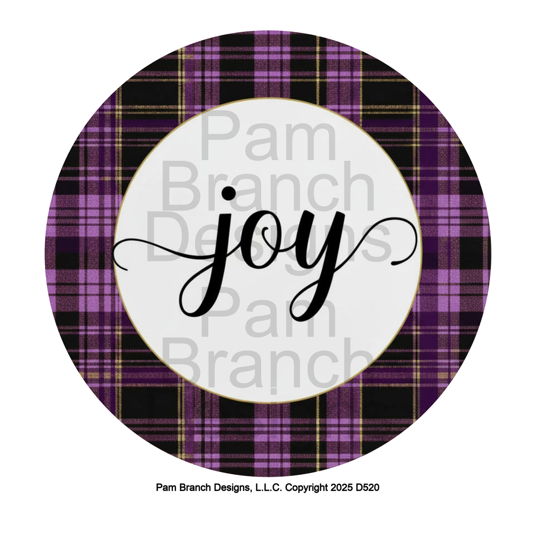Black Script ‘Joy’ on Purple and Gold Tartan Plaid – Rice Paper for Ornament Decoupage – D520