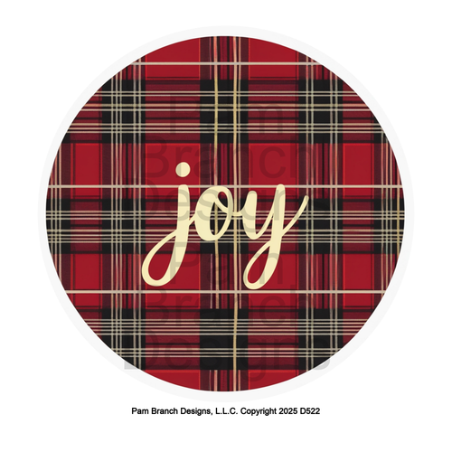 Gold ‘Joy’ Script on Red and Black Tartan Plaid – Rice Paper for Ornament Decoupage – D522