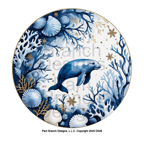 Winter Coastal Manatee with Seashells and Coral – Rice Paper for DIY Christmas Ornaments – D528