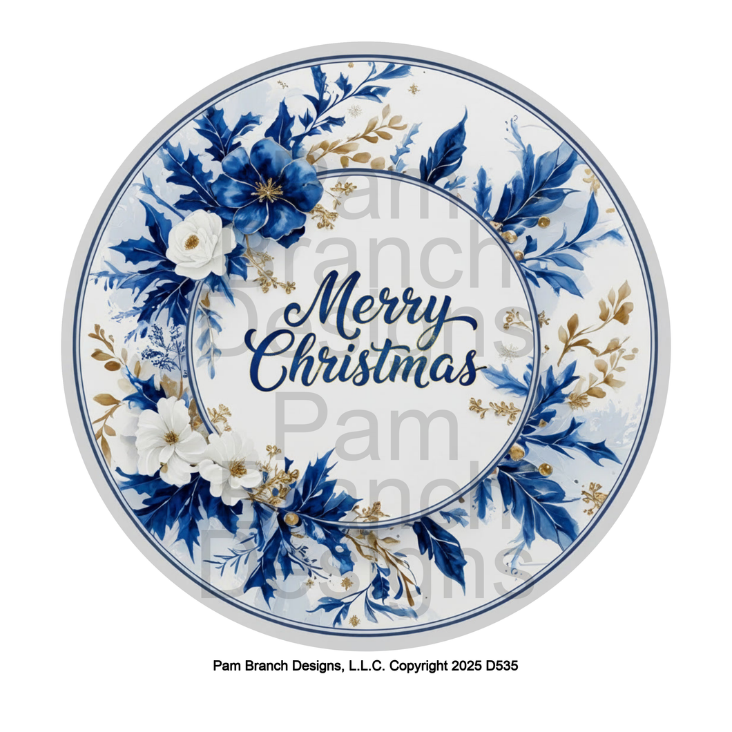 Blue and White Floral Merry Christmas – Rice Paper for DIY Christmas Ornaments – D535