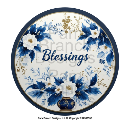 Blue and White Floral Blessings Design – Rice Paper for DIY Christmas Ornaments – D536
