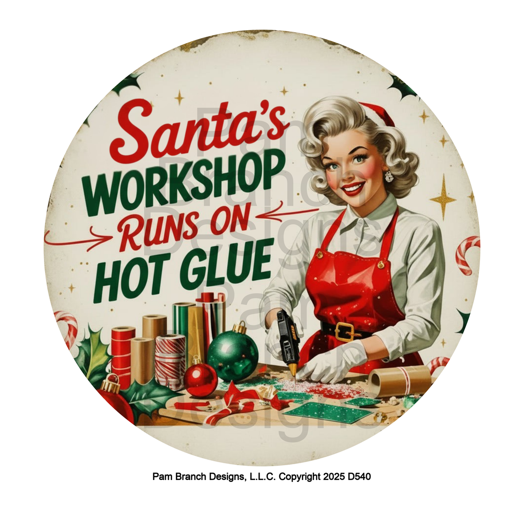 Santa’s Workshop Runs on Hot Glue Vintage Blonde Design – Rice Paper for DIY Christmas Ornaments – D540