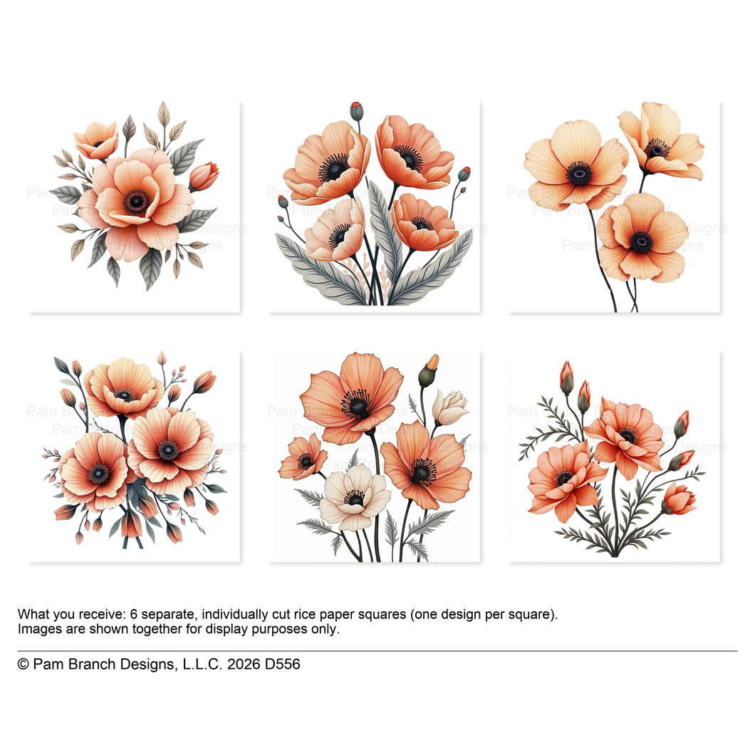 Peach Poppy Floral Rice Paper for Decoupage Bundle D556