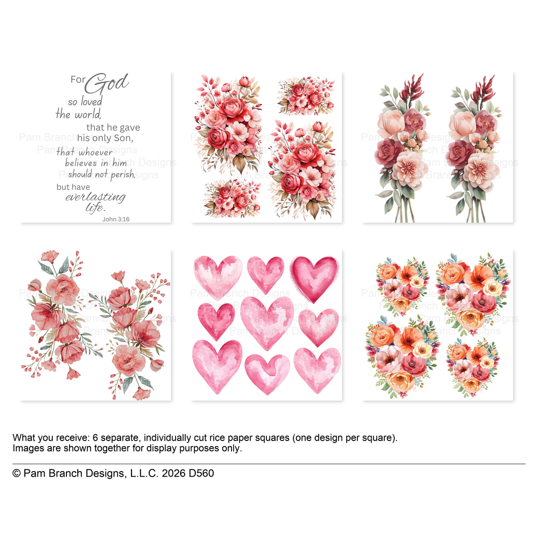 Floral Heart Heart Rice Paper for Decoupage Valentine’s Day Bundle D560