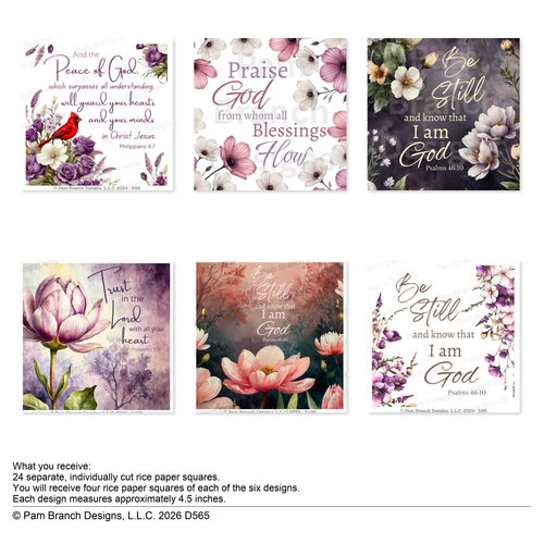 Faith-Inspired Scripture Rice Paper Bundle for Decoupage – Purple & Blush Florals, Curated 4.5” Designs D565