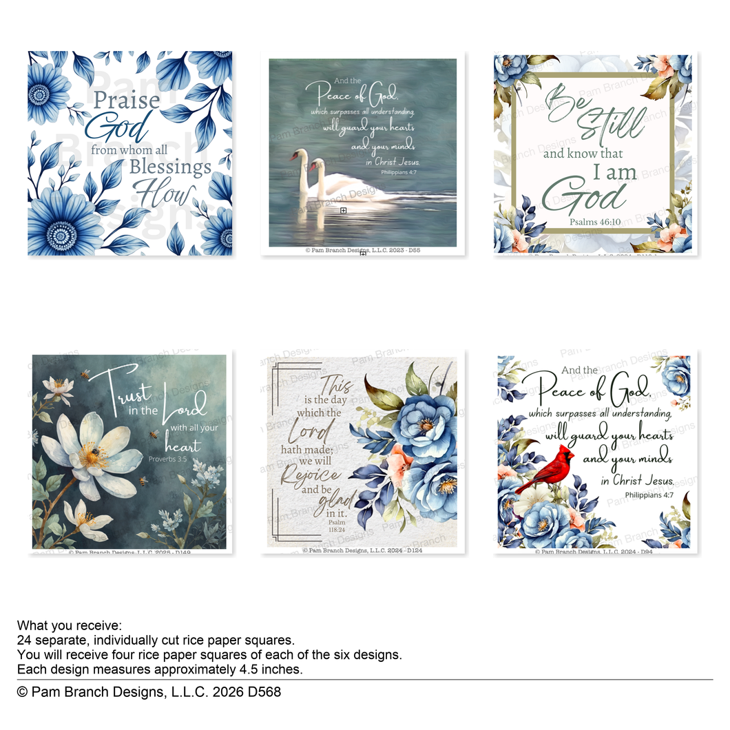 Christian Scripture Rice Paper for Decoupage – Blue Floral & Peace-Themed Curated Bundle D568