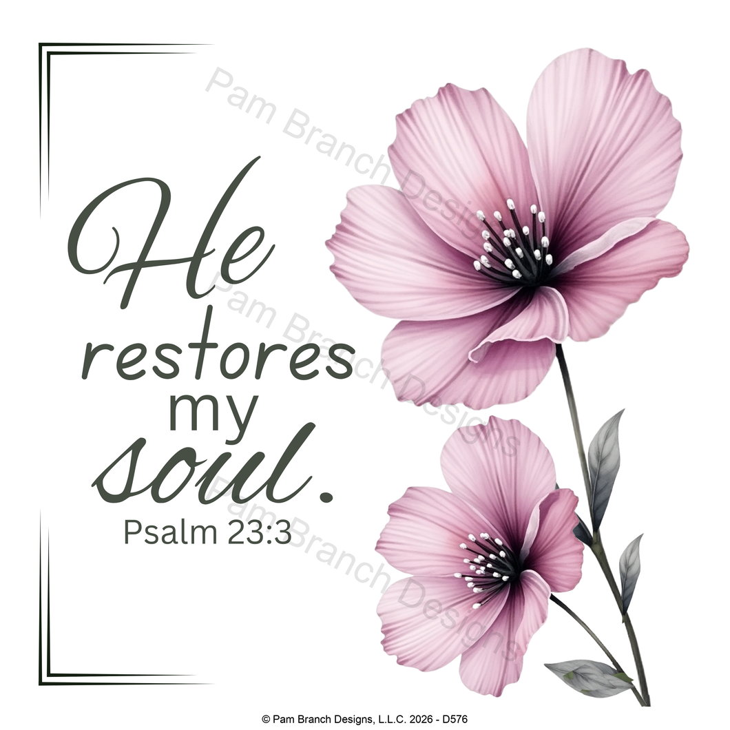 Pink floral rice paper for decoupage, He restores my soul, Psalm 23:3, Christian craft, D576