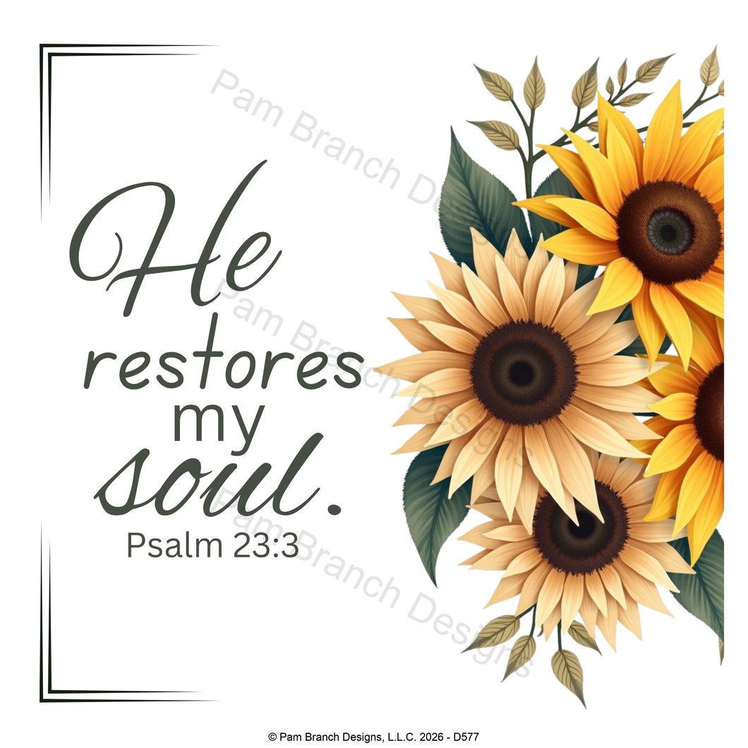 Fall sunflower rice paper for decoupage, He restores my soul, Psalm 23:3, Christian craft, D577