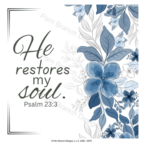 Blue floral rice paper for decoupage, He restores my soul, Psalm 23:3, Christian craft, D578