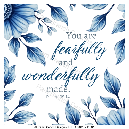 Blue floral rice paper for decoupage, Fearfully and wonderfully made, Psalm 139:14, Christian craft, D581
