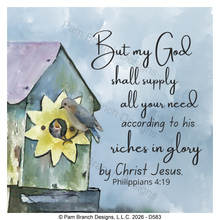 Bluebird birdhouse rice paper for decoupage, God shall supply all your need, Philippians 4:19, Bible DIY, D583