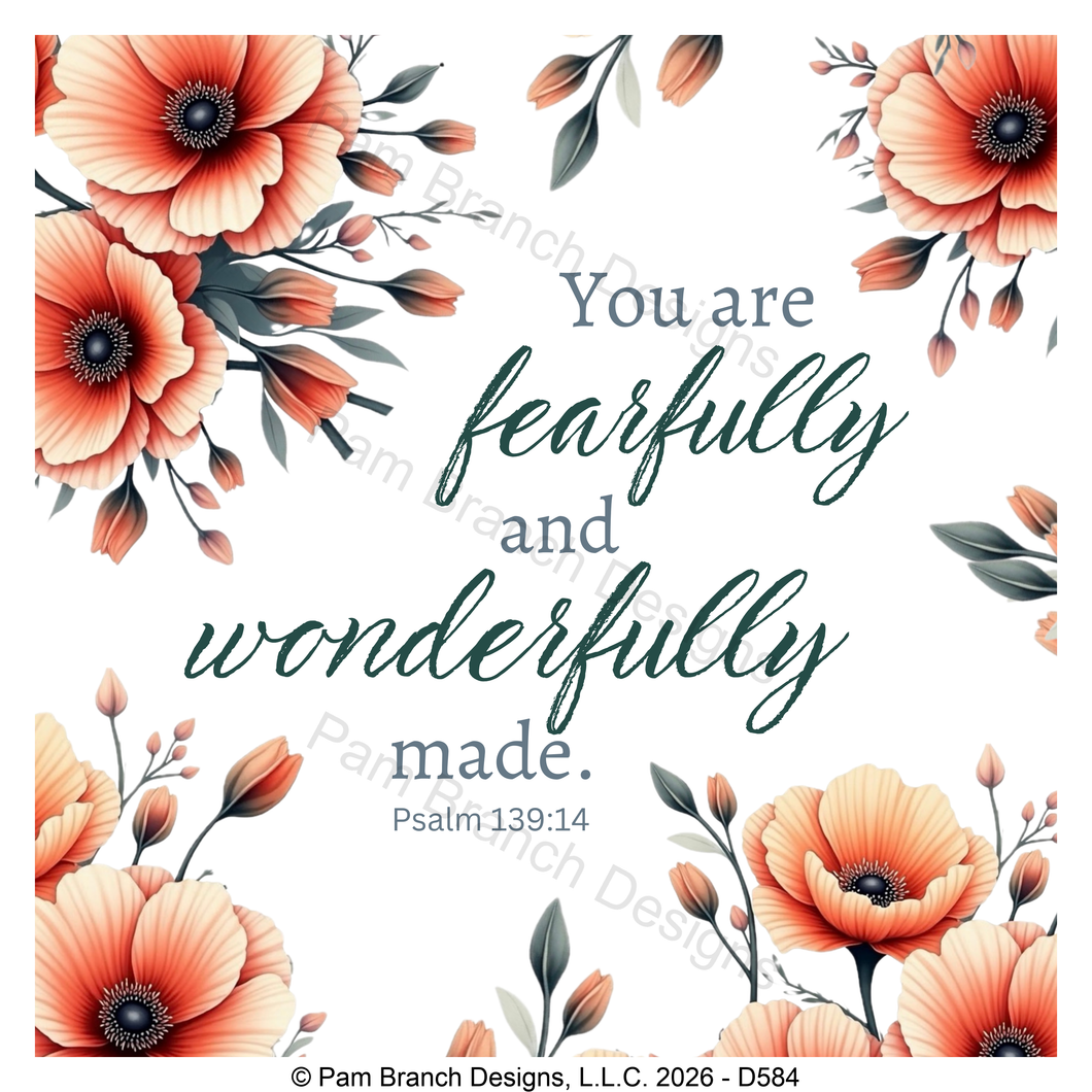 Coral floral rice paper for decoupage, Fearfully and wonderfully made, Psalm 139:14, Christian craft, D584