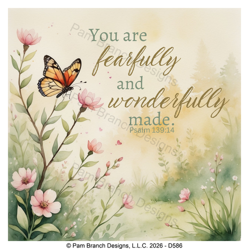 Butterfly garden rice paper for decoupage, Fearfully and wonderfully made, Psalm 139:14, Christian craft, D586
