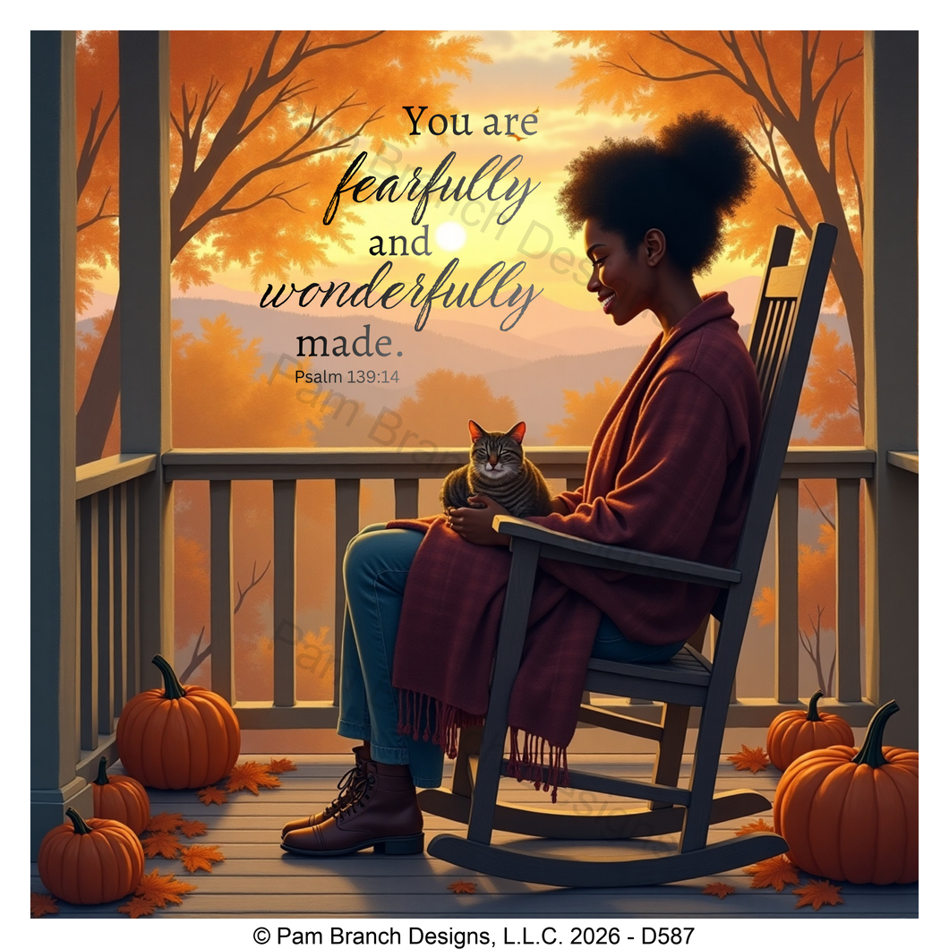 Fall porch scene rice paper for decoupage, Fearfully and wonderfully made, Psalm 139:14, Christian craft, D587
