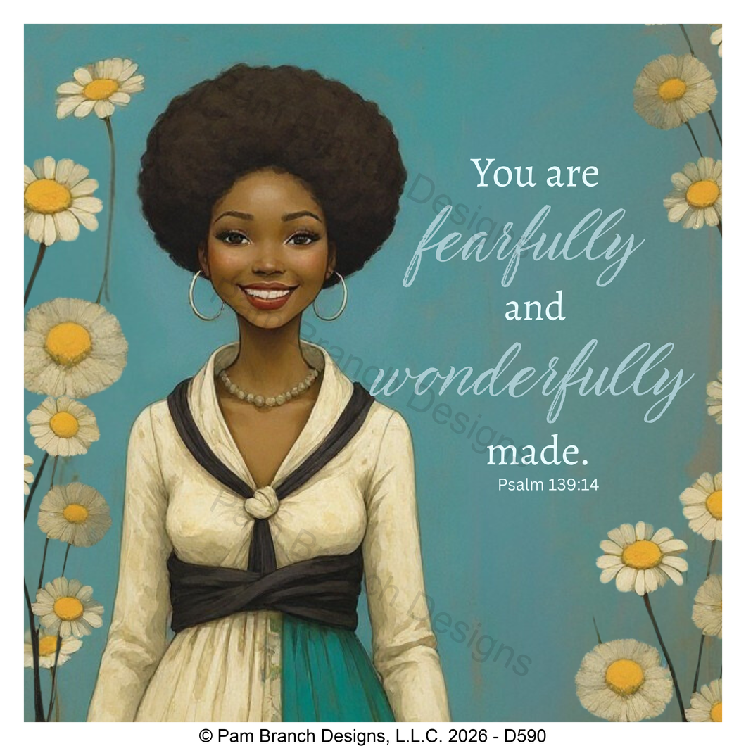 Daisy portrait of African American woman rice paper for decoupage, Fearfully and wonderfully made, Psalm 139:14, Christian craft, D590