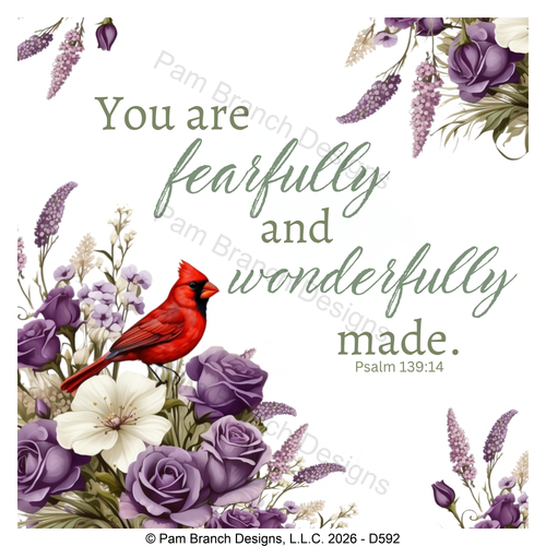 Cardinal purple floral rice paper for decoupage, Fearfully and wonderfully made, Psalm 139:14, Christian craft, D592