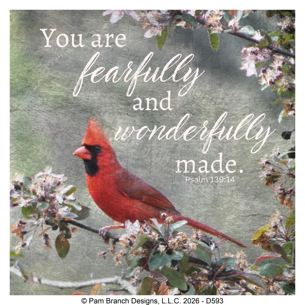 Cardinal blossom branch rice paper for decoupage, Fearfully and wonderfully made, Psalm 139:14, Christian craft, D593