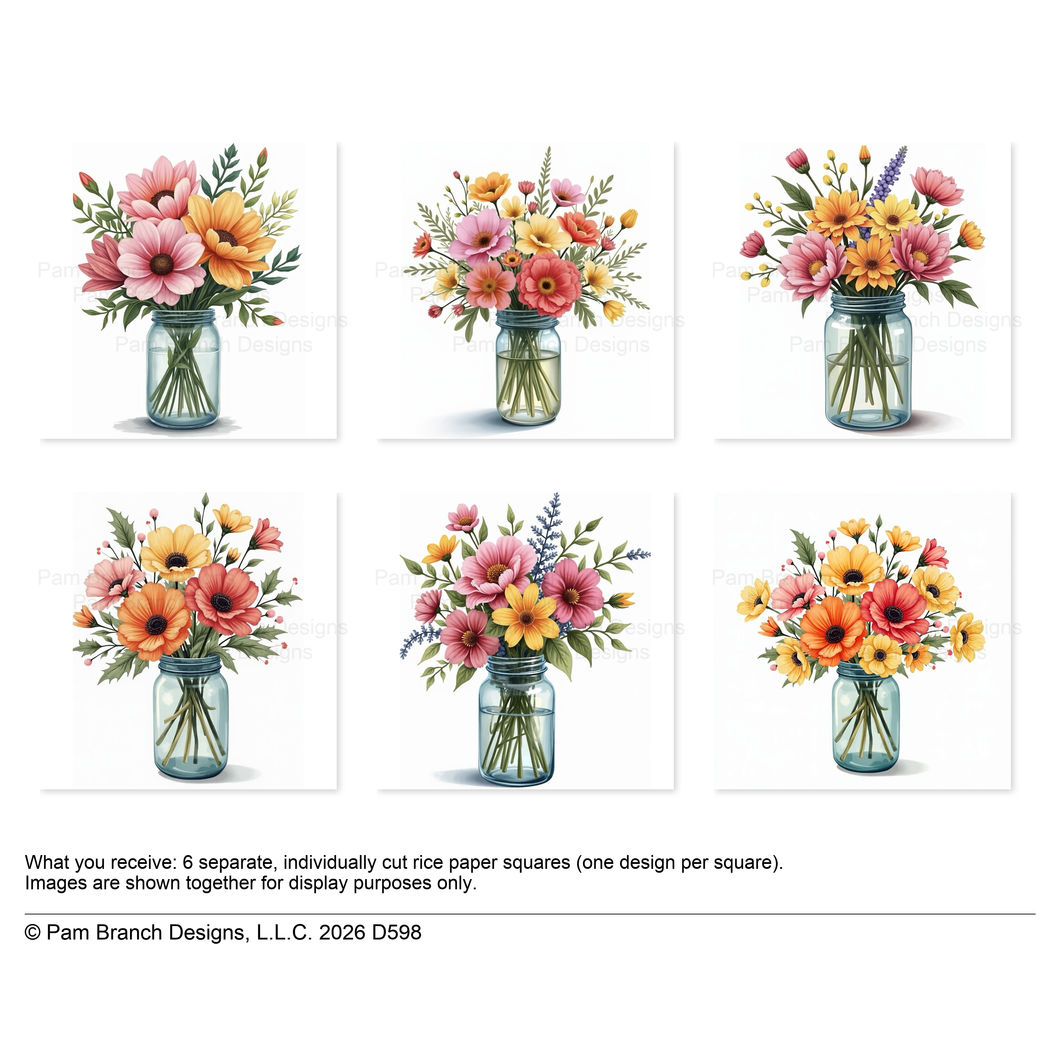 Floral Mason Jar Bouquet Rice Paper For Decoupage 3 Inch Bundle D598
