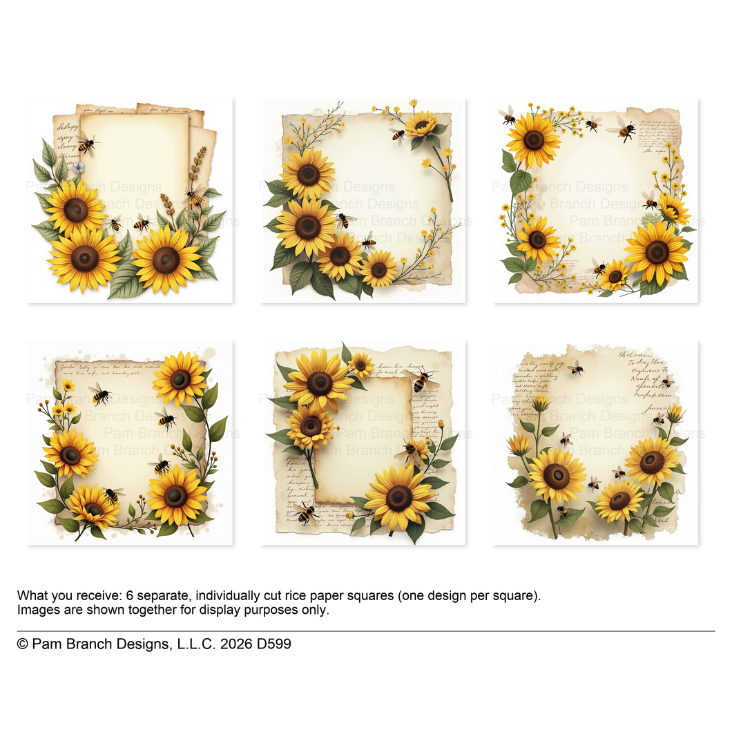Sunflower Bee Vintage Frame Rice Paper For Decoupage 3 Inch Bundle D599