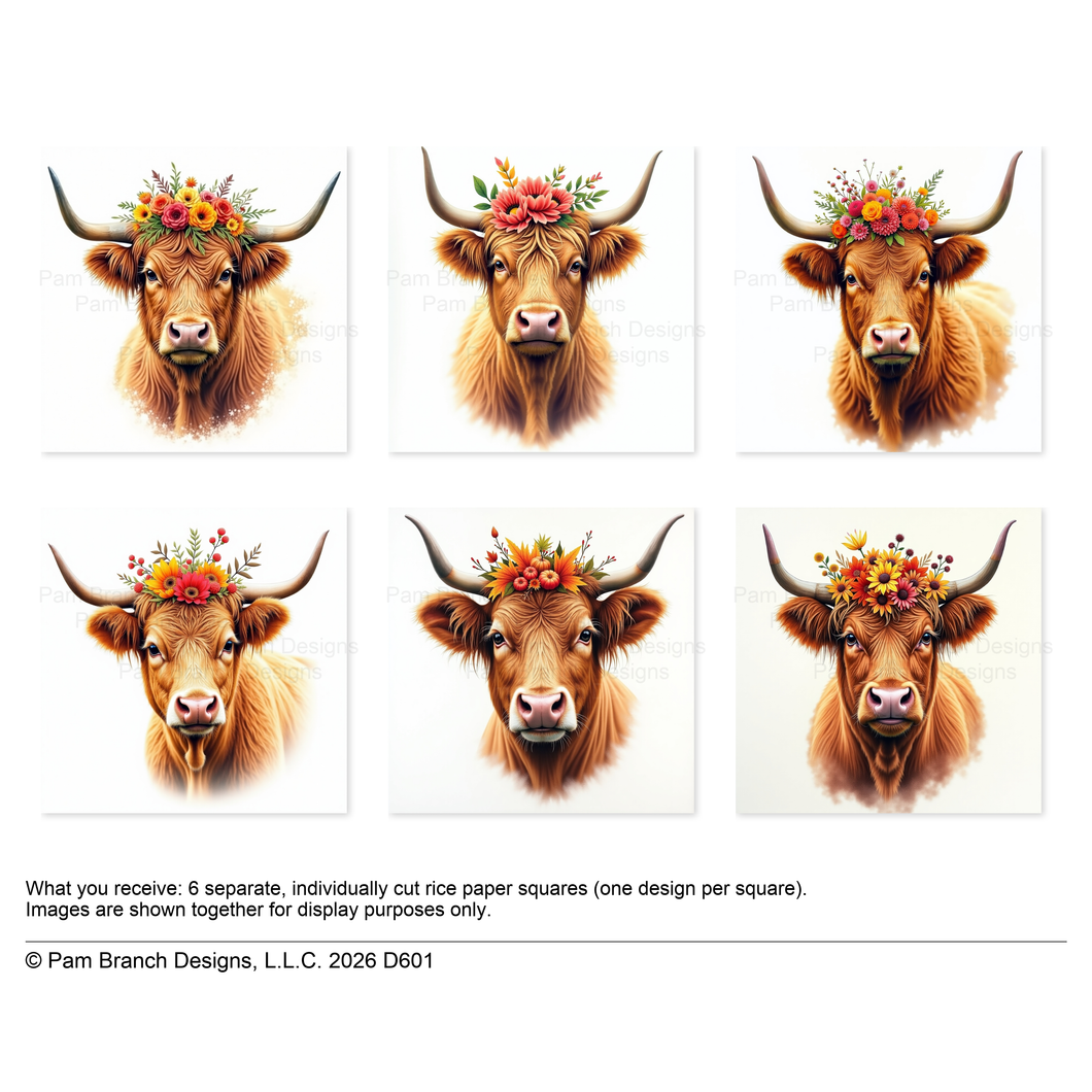 Highland Cow Floral Crown Rice Paper For Decoupage 3 Inch Bundle D601