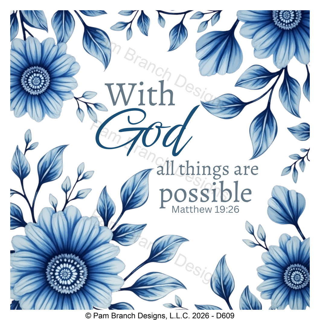 Blue floral rice paper for decoupage, With God all things are possible, Matthew 19:26, Christian craft, D609