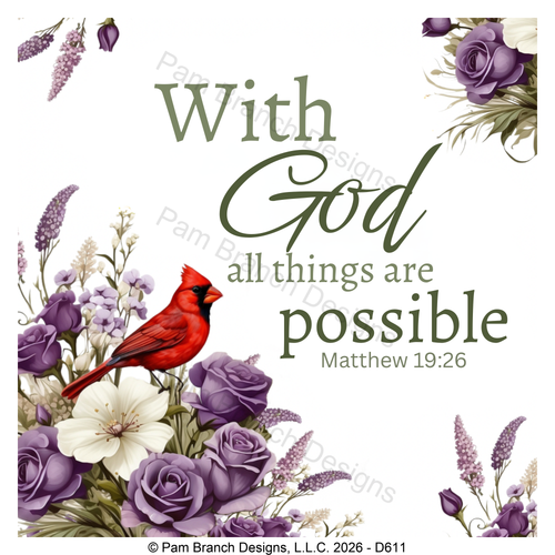 Cardinal purple floral rice paper for decoupage, With God all things are possible, Matthew 19:26, Christian craft, D611