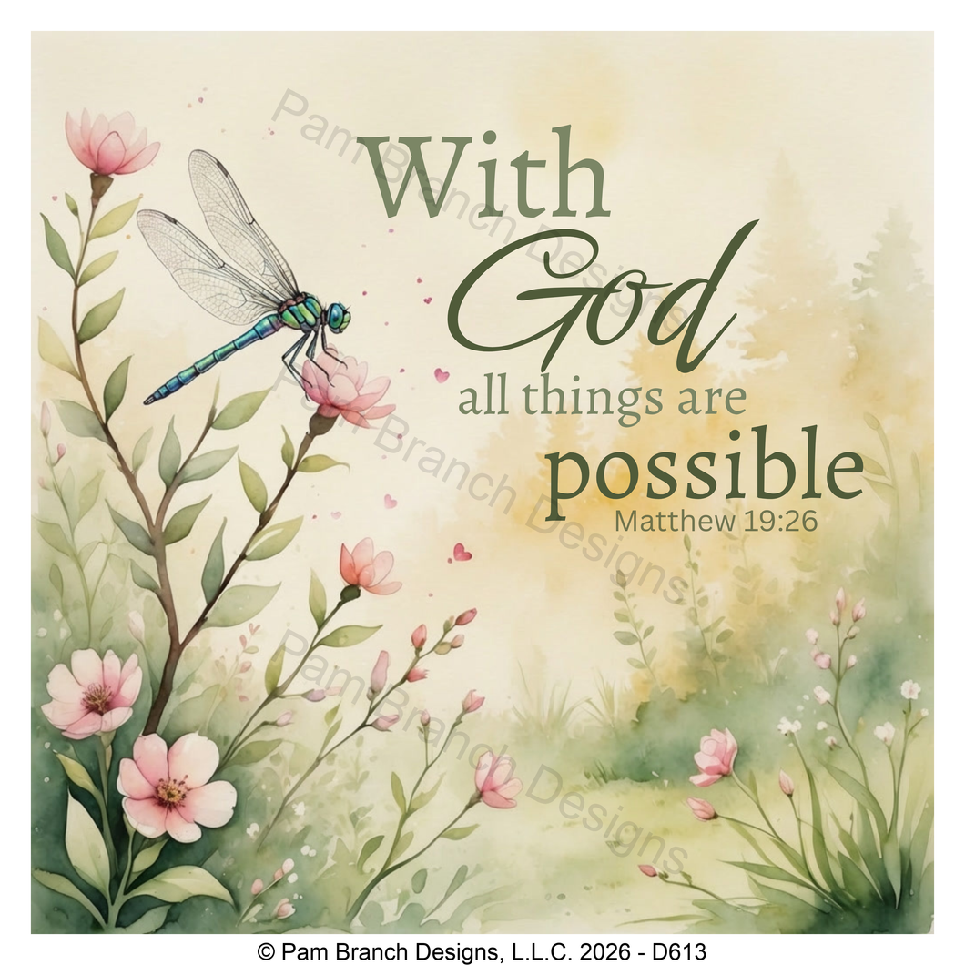 Dragonfly wildflower rice paper for decoupage, With God all things are possible, Matthew 19:26, Christian craft, D613