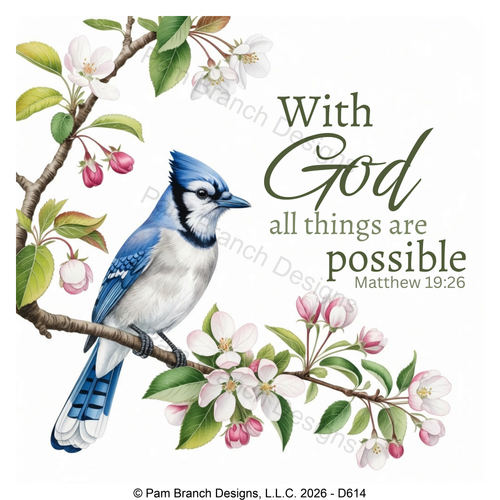 Blue jay rice paper for decoupage, With God all things are possible, Matthew 19:26, Christian craft, D614