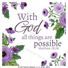 Purple floral rice paper for decoupage, With God all things are possible, Matthew 19:26, Christian craft, D618
