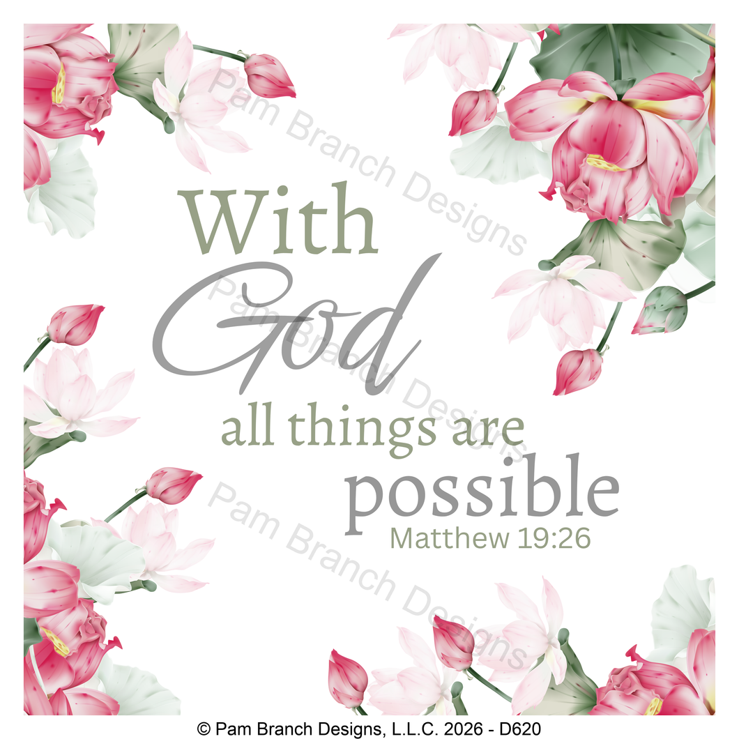 Pink floral rice paper for decoupage, With God all things are possible, Matthew 19:26, Christian craft, D620